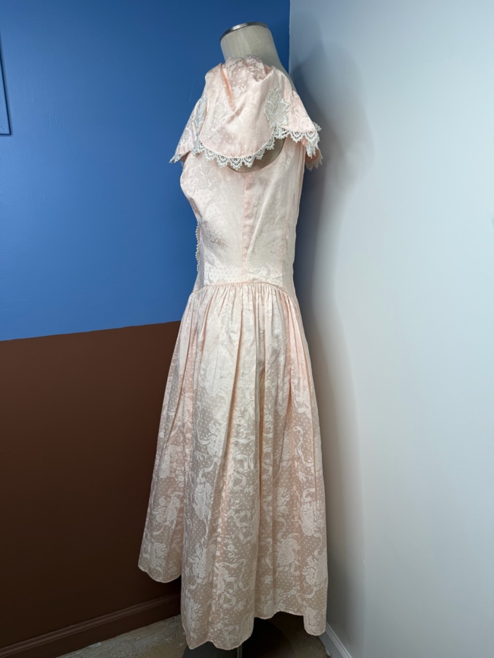 Vintage 1980s Scott McClintock Peach Brocade Floral Lace Trim Formal Dress Sz 12 - Picture 5 of 8